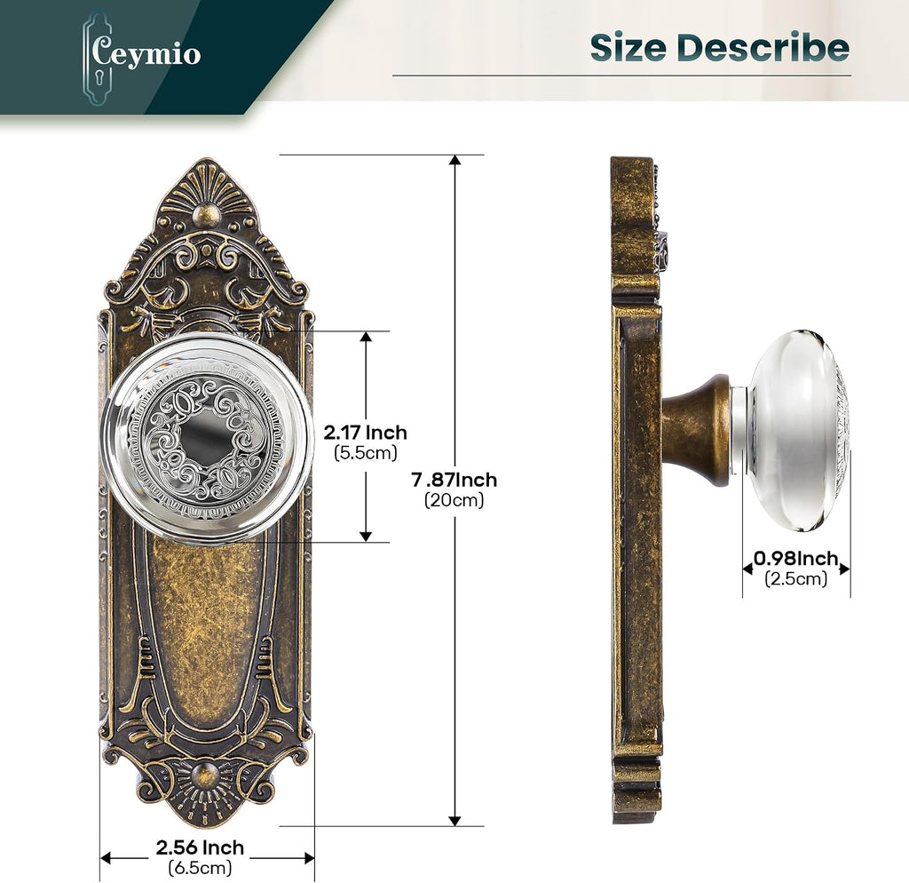 Antique Brass Crystal Passage Door Knob, Vintage Interior Set