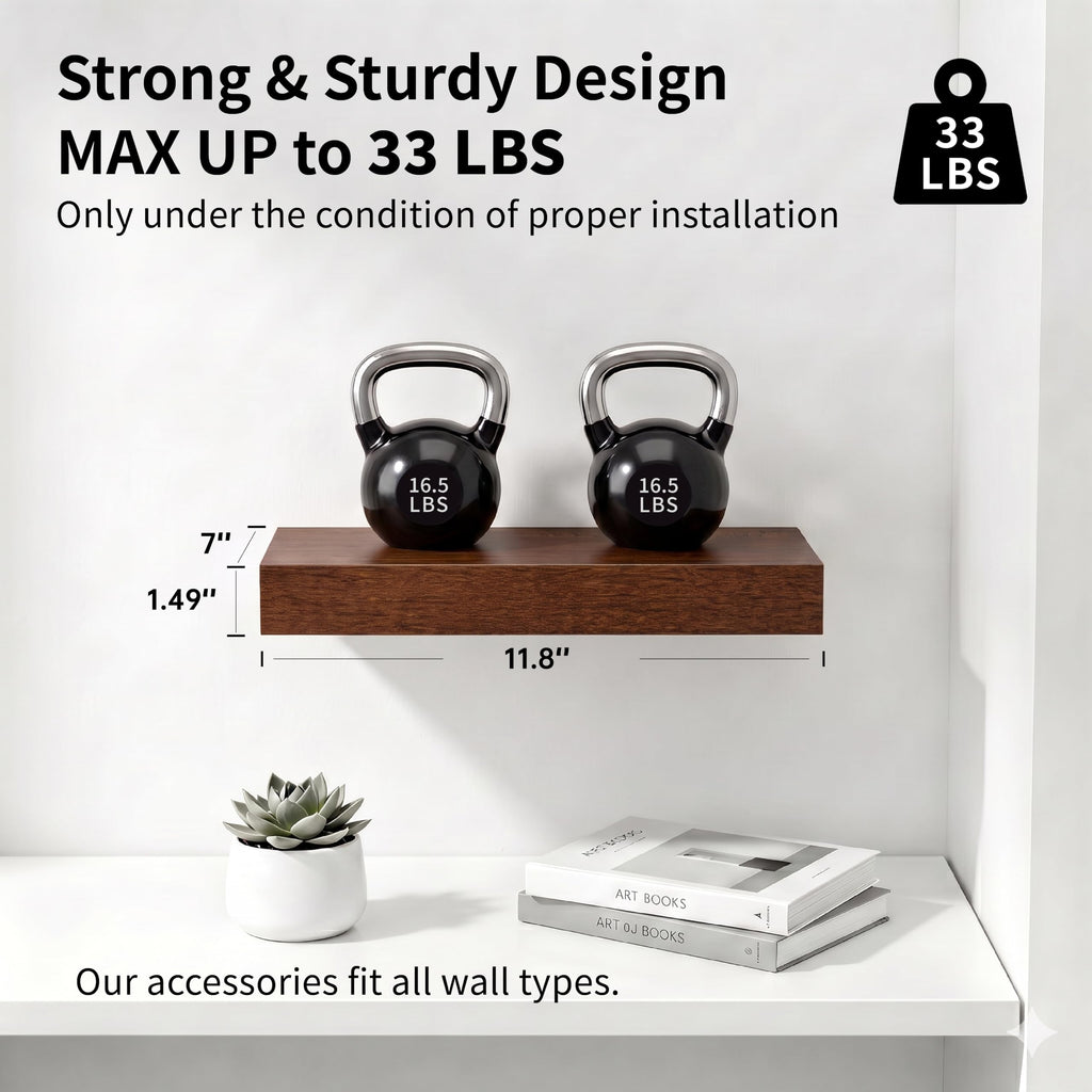 Walnut Floating Shelves for Wall, 12 Inch Wooden Shelves Set of 4