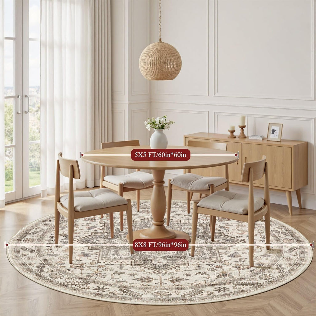 8ft Round Vintage Living Room Area Rug - 8x8 Large Soft Washable Oriental Traditional Distressed Far