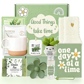Self Care Gifts for Women, Sage Green Relaxing Gift Basket for Stress Relief, Birthday Gifts for Best Friend Female