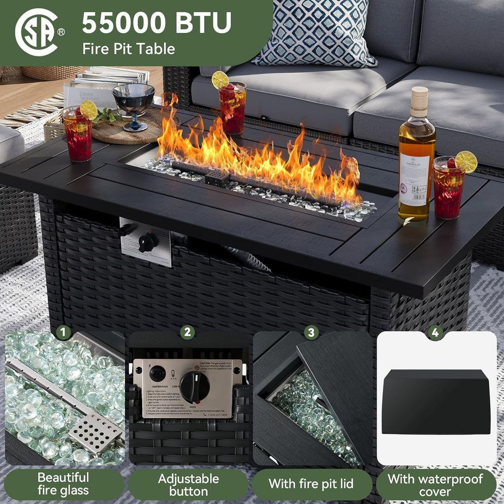 8 Piece Patio Furniture Set with 44" Fire Pit Table, Wicker Rattan Patio Sectional Sofa, Outdoor Furniture Set with