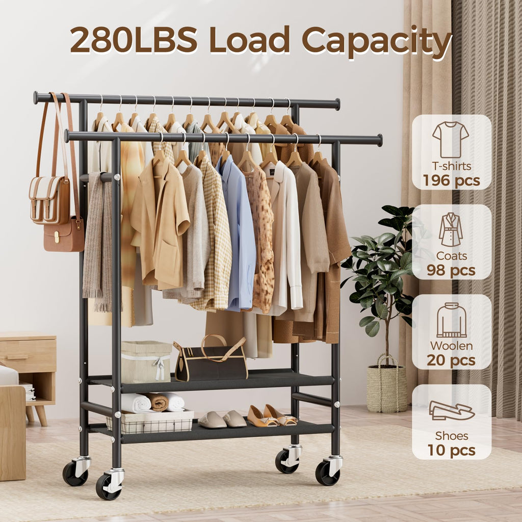 Double Rods Clothes Racks, Rolling Clothing Rack for Hanging Clothes with Wheels & Shelves, Portable Garment Coat