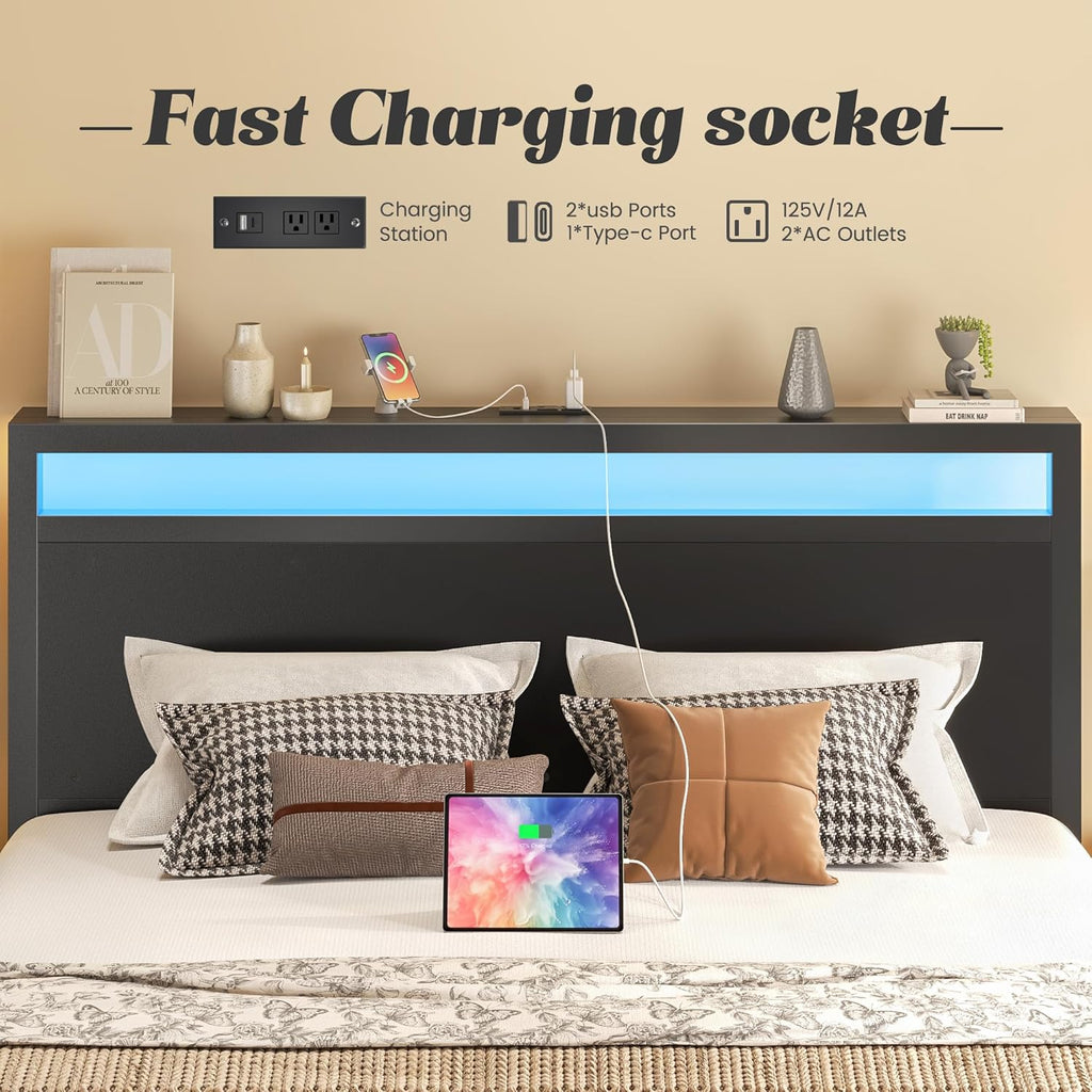 Queen Bed Frame with Headboard & Footboard, Bed Frame with Built-in Charging Station & LED Light, Storage Shelf