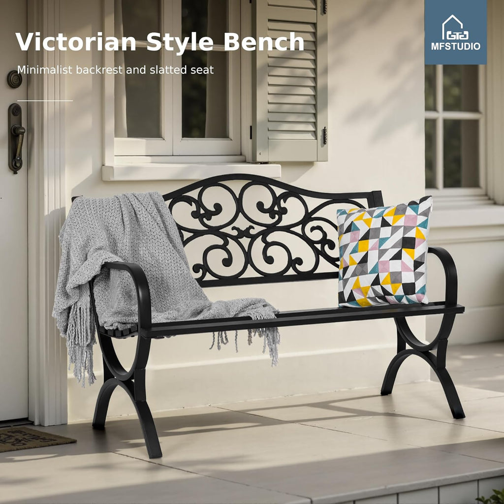 50 Inches Outdoor Garden Bench Cast Iron Metal Frame, Floral Black | E-Coating Anti-Rust Finish, Weatherproof Outdoor