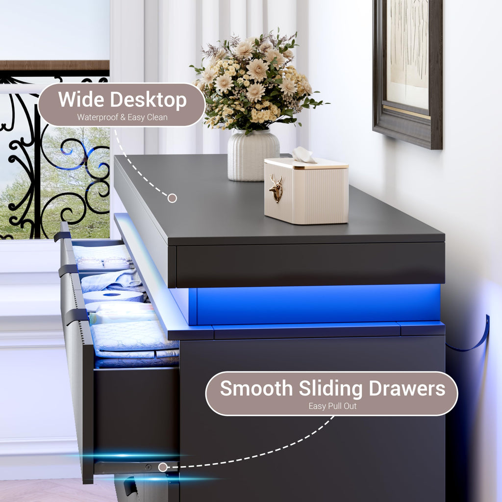 Fluted 9 Drawer Dresser with Charging Station, Black