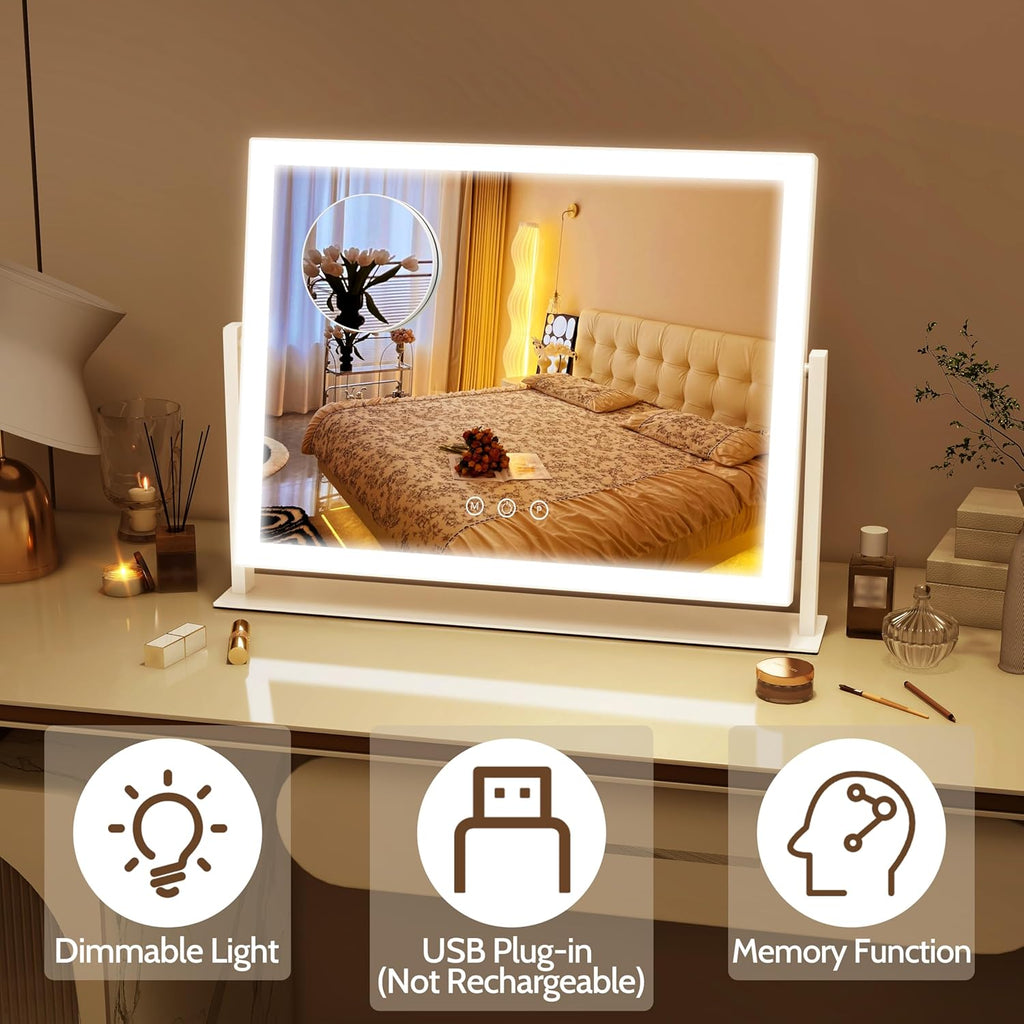 Lighted Makeup Mirror 16.3"x12.6", Hollywood Vanity Mirror with 10X Magnifier, 3 Color LED Lighting Modes, Smart Touch
