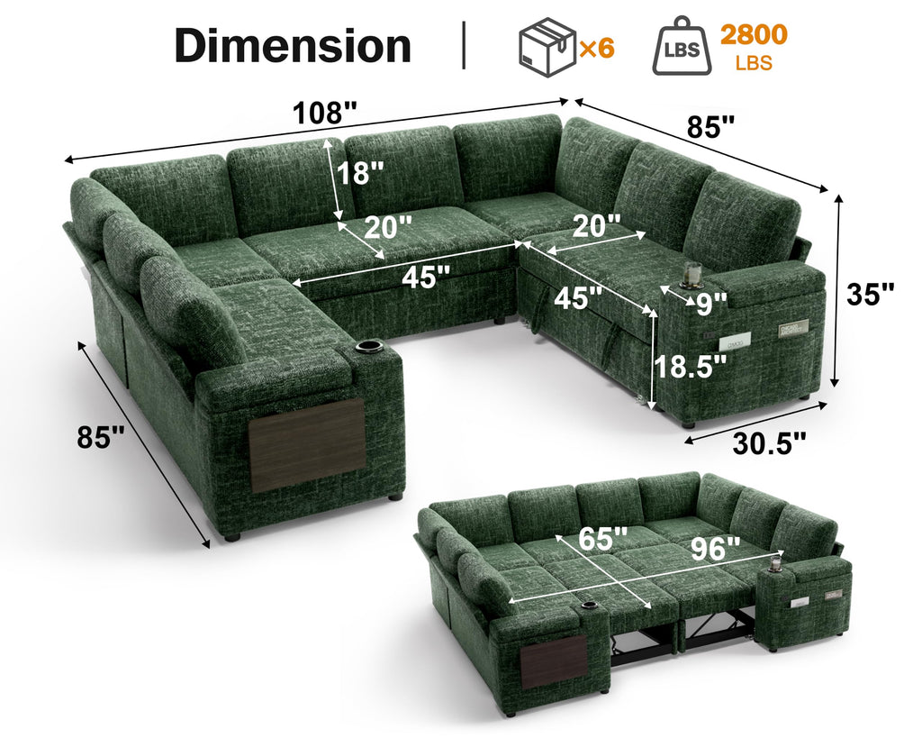 111" Modular Sectional Sleeper Sofa with Pull Out Bed, 8 Seat Chenille U Shaped Couch with Storage Chaise|USB