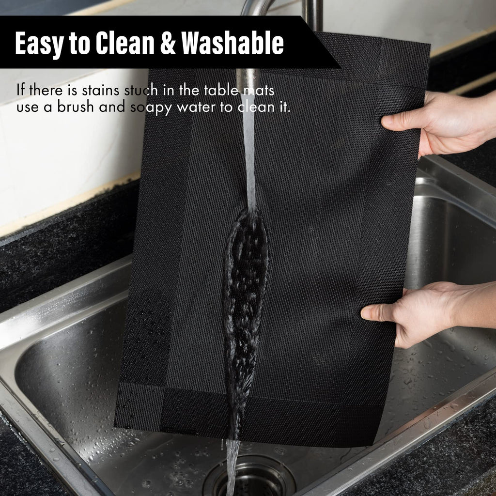 Placemats Set of 4, Washable Vinyl Woven Placemats, Heat Resistant & Wipeable Table Mats Dining Table (Black)
