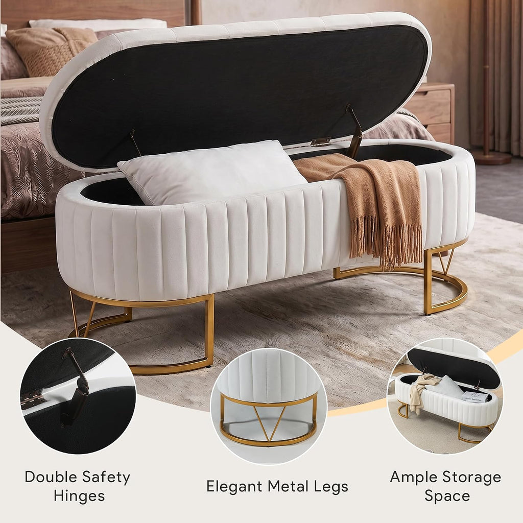 Velvet Oval Upholstered End of Bed Bench with Golden Metal Legs, 46' Modern Tufted Storage Ottoman Bench , Window
