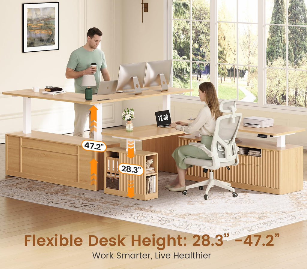 Fluted L Shaped Executive Electric Standing Desk with 4 Drawers