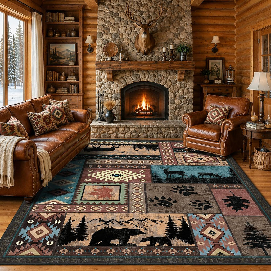 Rustic Cabin Area Rug, Washable Southwestern Country Lodge Bear Rug, Non-Slip Low Pile Wildlife Animal Carpet