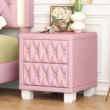 Velvet Nightstand with 2 Storage Drawers and Crystal Handle, Button Tufted End Table, Pink