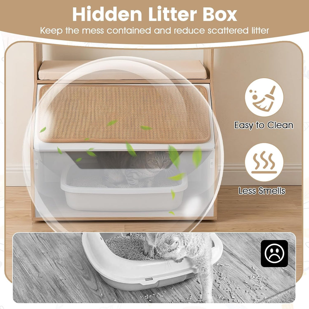Modern Cat Litter Box Enclosure, 3-in-1 Hidden Litter Box Furniture with Scratching Pad, Perch, 4-Cubby Storage