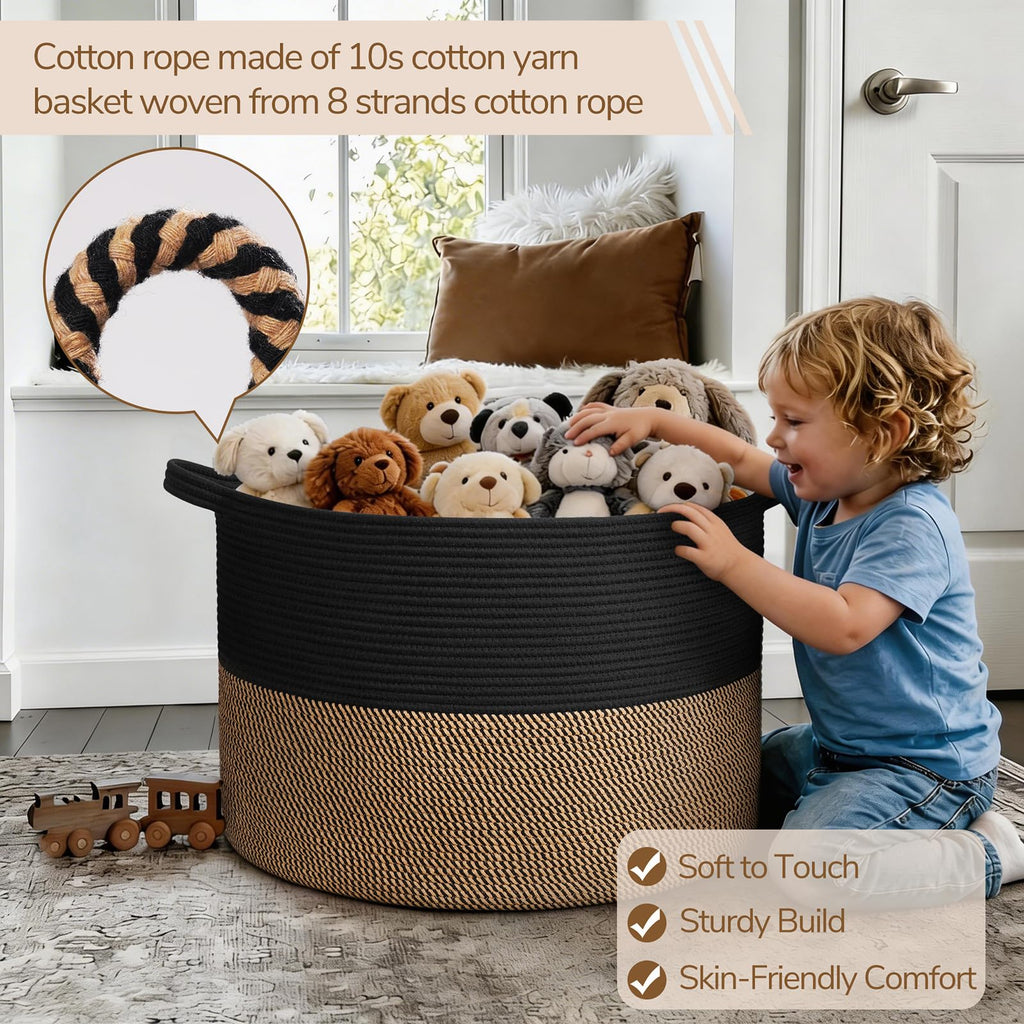 Extra Large Woven Rope Blanket Basket Living Room, Mix Black