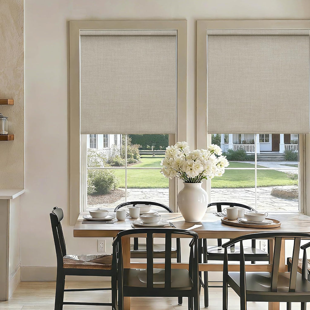 Blackout Roller Shades for Bedroom Window Cordless Free-Stop Blinds with Valance UV Protection 100% Black Out Linen