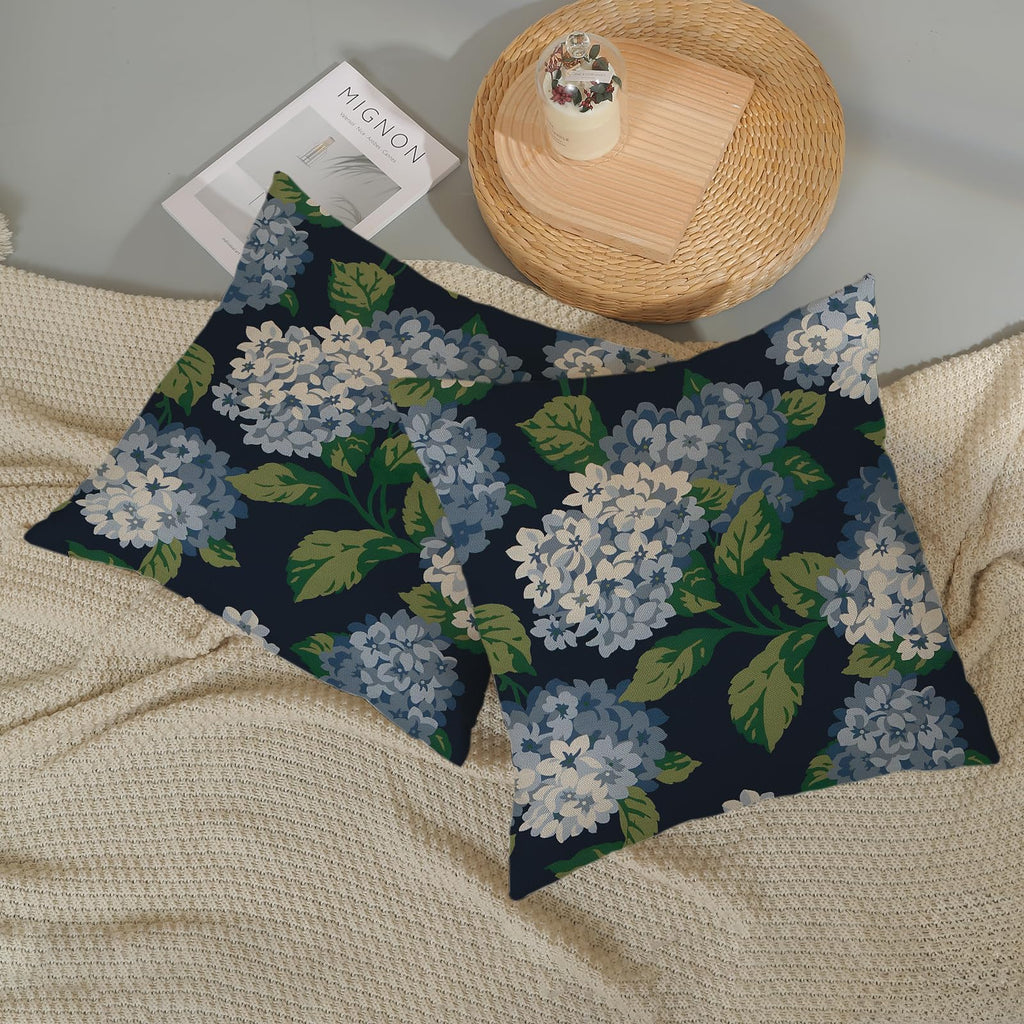 Navy Blue Floral Throw Pillow Covers 22x22 Inch 2 Pcs Blue Green Hydrangea Flower Decor Pillow Covers Spring Summer