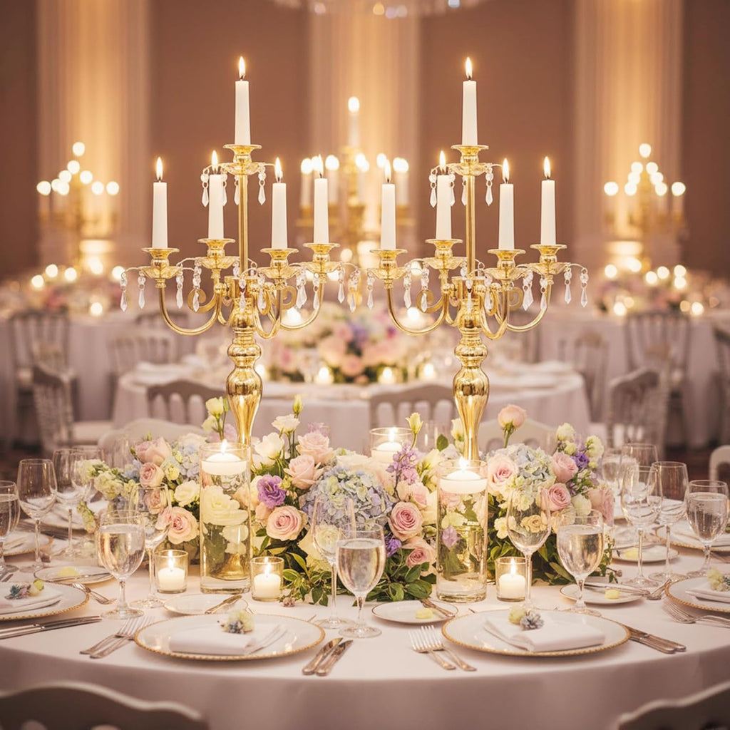 5-Arm Candle Centerpieces for Tables: Gold Metal Candle Holders, Vintage Candelabra Centerpieces, 20.3" Tall