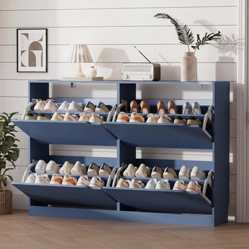 Shoe Storage Cabinet with 4 Flip Drawers, Sturdy Wood Hidden Shoe Storage, Freestanding Narrow Slim Shoe Organizer
