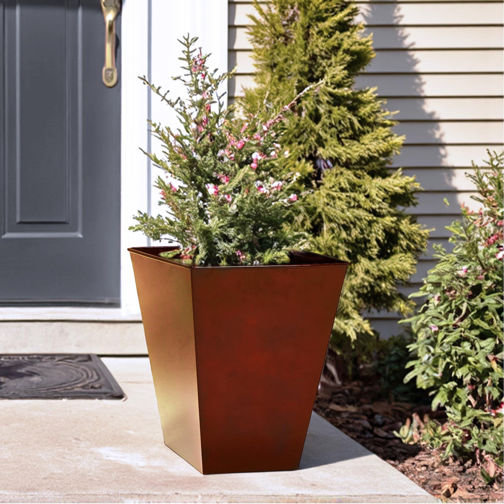 Garden Large Metal Glazed Floor Planter Set of 2-14" Dia x 18" H - Luxurious Glossy Finish Red Tall Square Tapered