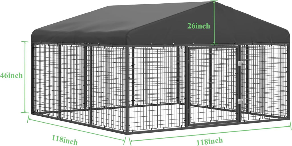 118" x 118" Outdoor Dog Kennel Steel Ideal Dog Fence for Medium/Small Dogs Anti-Rust Coating Cage with Roof All