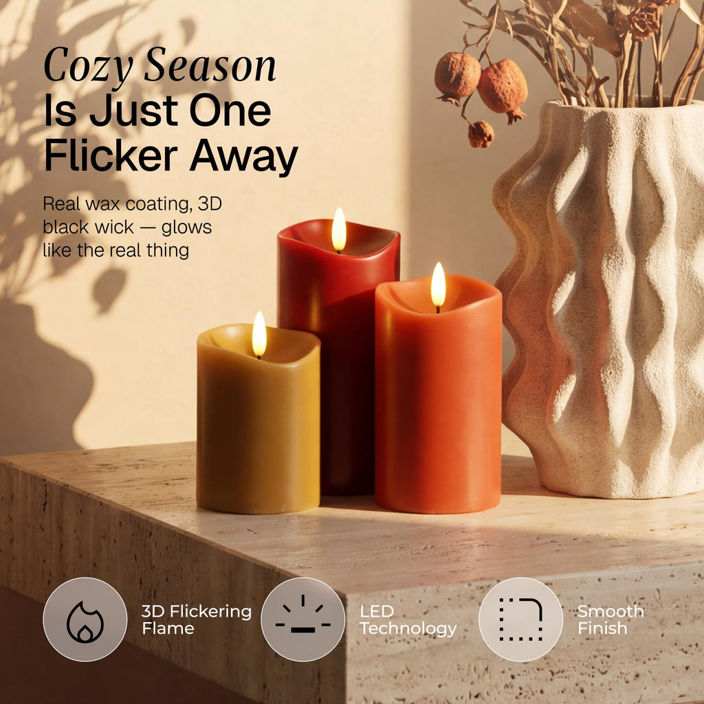 Fall Flameless Pillar Candles with Remote, Real Wax LED Candles, Set of 3
