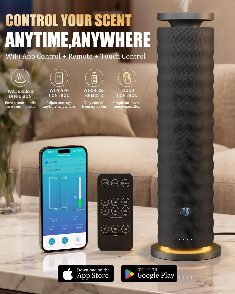 Waterless Essential Oil Diffuser, 120mL, 4 Oils, Remote, Black