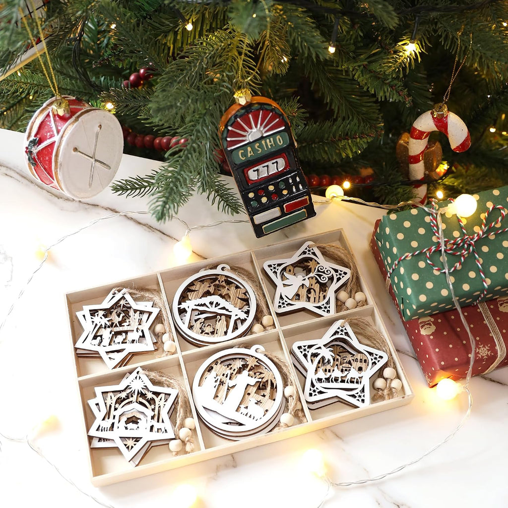 Wooden Nativity Scene Christmas Tree Ornaments Set - Set of 18