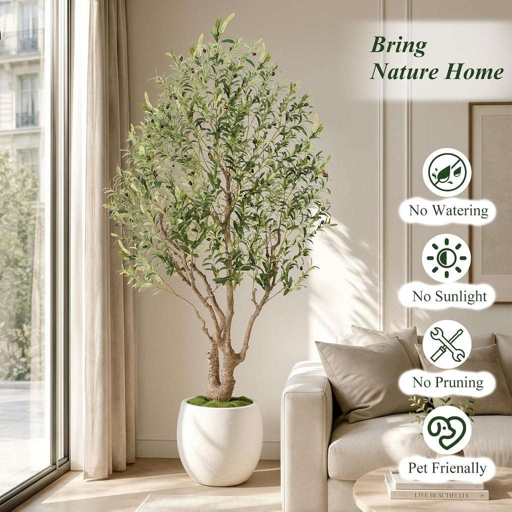 8ft Faux Olive Tree - Large Artificial Olive Tree with Realistic 1750 Leaves and 145 Olives - Lush and Elegant Fake
