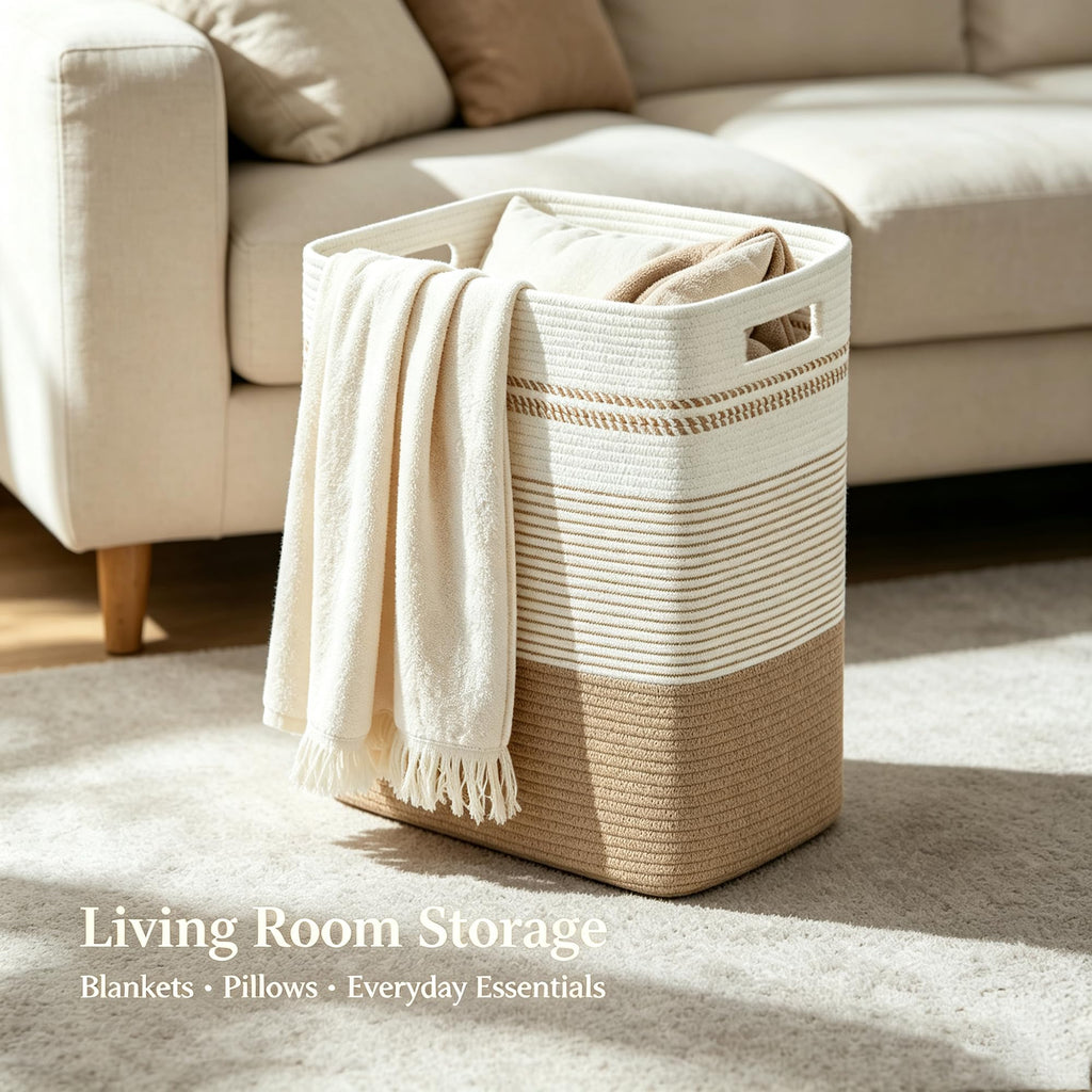 Rectangular Cotton Rope Laundry Hamper 60L Foldable Basket