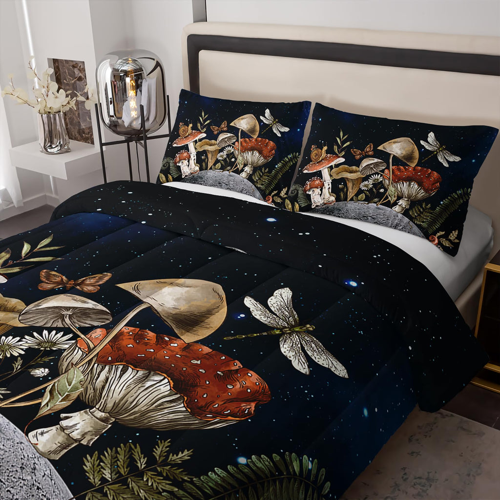 Mushroom Bedding Set Full, Black Mushroom Full Comforter Set, Boho Mushroom Bedroom Decor, Full Bedding Sets