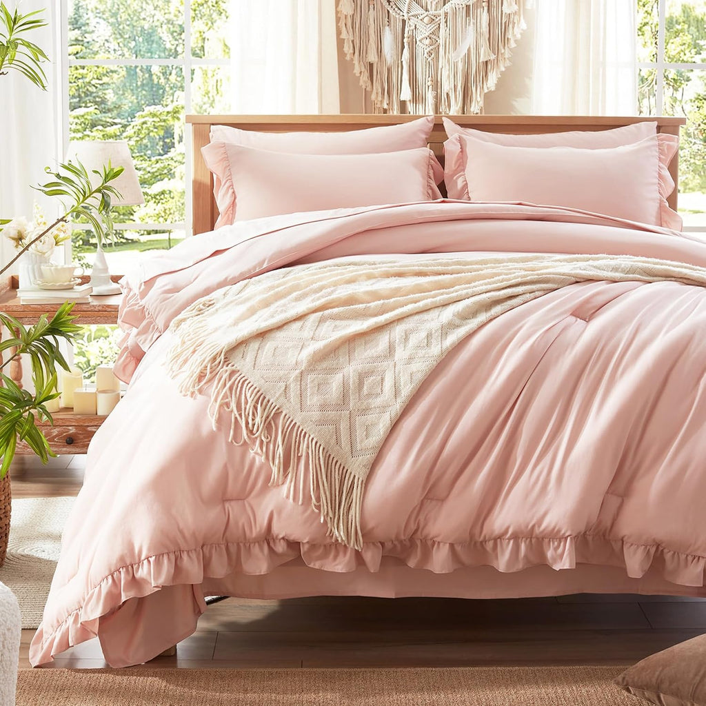 Twin Comforter Set 5 Piece for Girl, Pink Bed in a Bag with Sheets, All Season Ruffle Shabby Chic Bedding Sets with 1