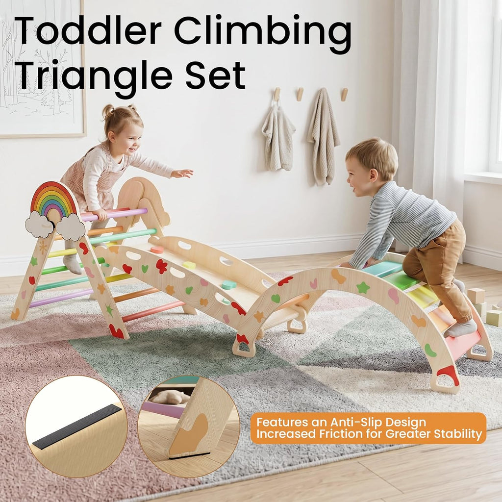 Triangle Set with Cushion, 8in1 Foldable Triangle Climbing Set, Wooden Montessori Kids Baby Jungle Gym, Climbing Toys