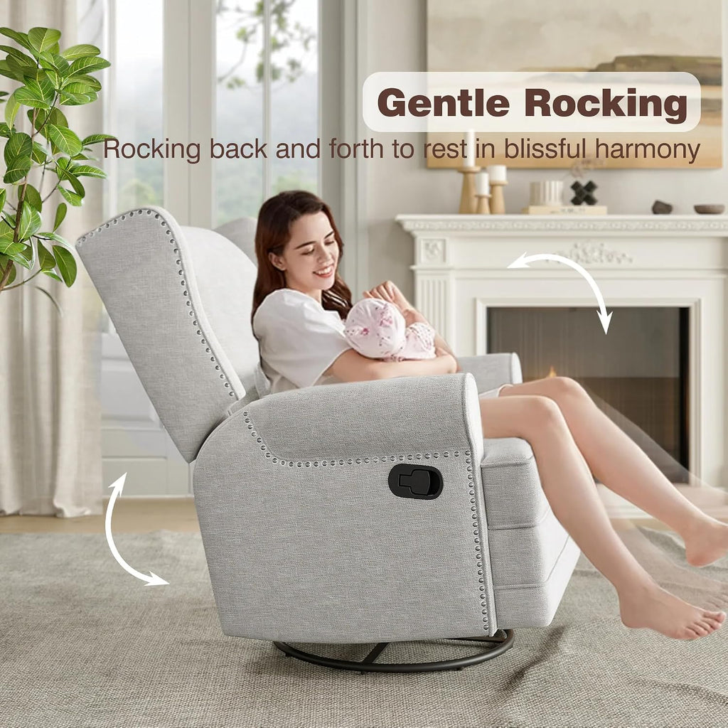 Manual Swivel Rocker Recliner w/ Lumbar Support, Linen Nursery Glider, Gray | 360° Swivel, Nailhead Trim