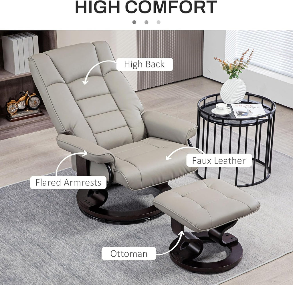 Modern Reclining Swivel Lounge Chair and Ottoman — Gray Faux Leather