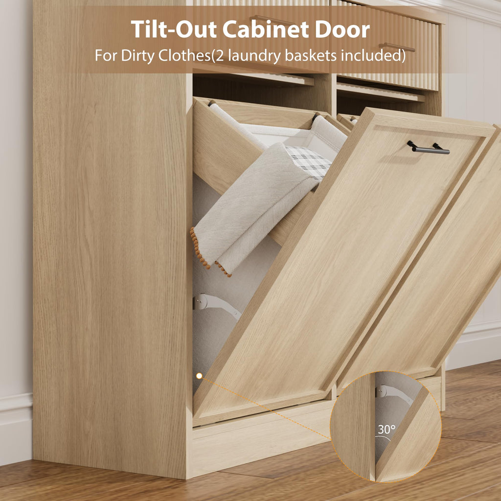 20Gal Double Tilt Out Laundry Hamper Cabinet with Drawers, Natural