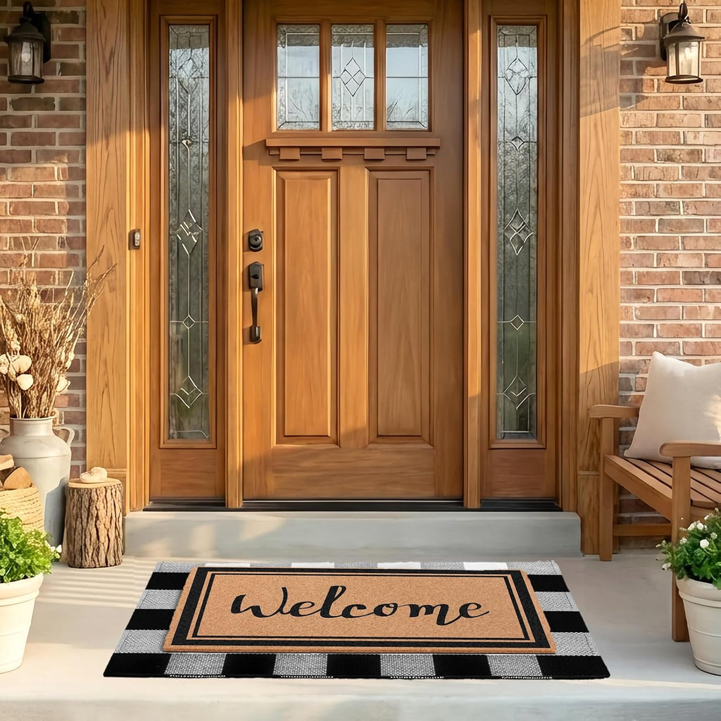 2-Piece Layered Welcome Mat Set - Coir Doormat & Buffalo Plaid Rug | Brown Coir Doormat & Black White Buffalo Plaid