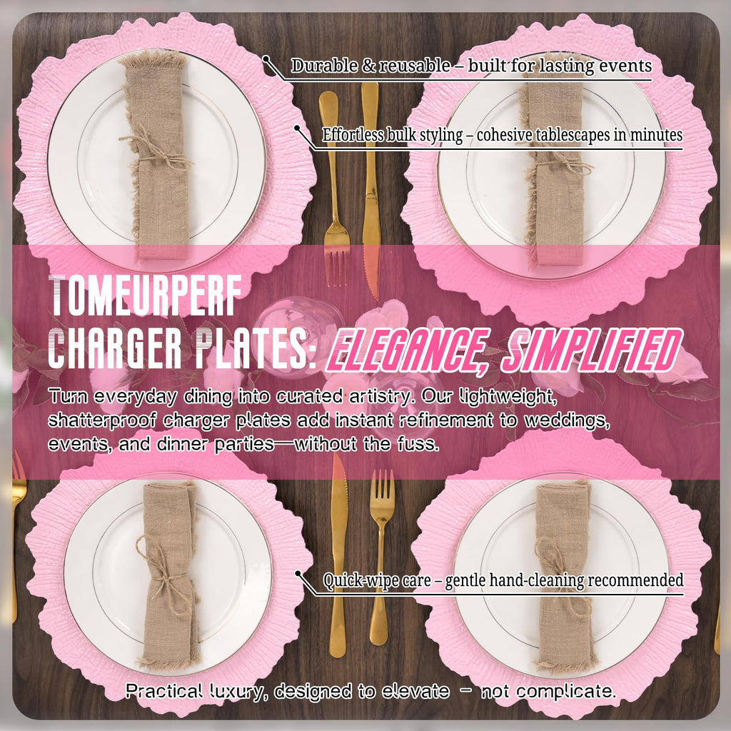 Pink Charger Plates Bulk 10Pcs - 13" Elegant Pink Chargers for Dinner Plates, Wedding & Event Decorative Charger