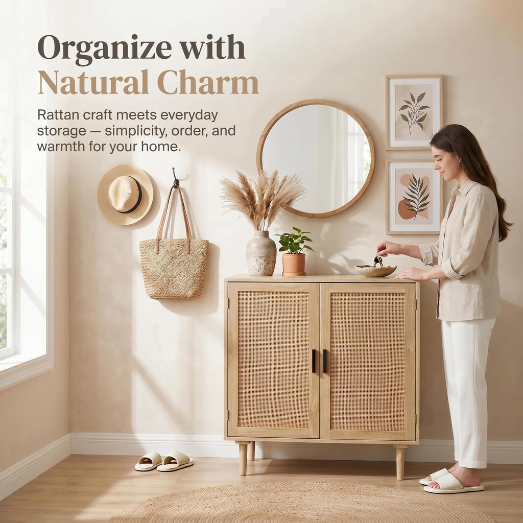 Sideboard Buffet Cabinet, Kitchen Storage Sideboard with Rattan Decorated Doors, Liquor Coffee Buffet, Dining Room