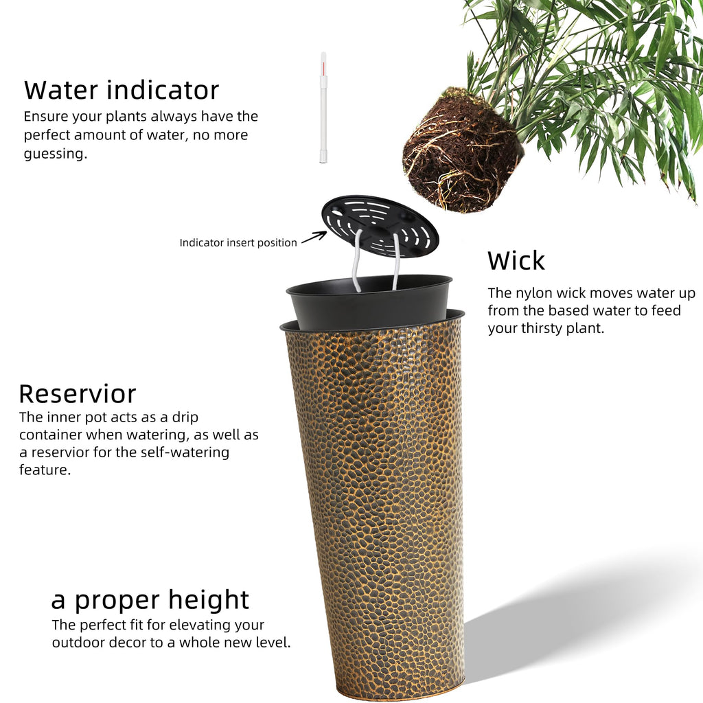 25" H. Metal Hand-Hammered Planters with Inner Pots 2-Pack, Bronze Decor Planter for Deck, Patio, Porch - Galvanized