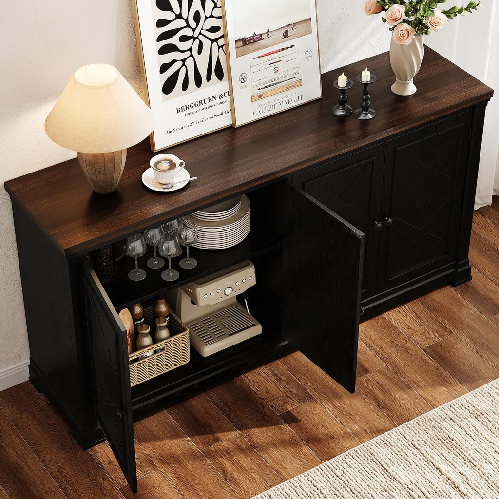 63 Inch Buffet Cabinet with Storage, 4 Barn Doors, Black
