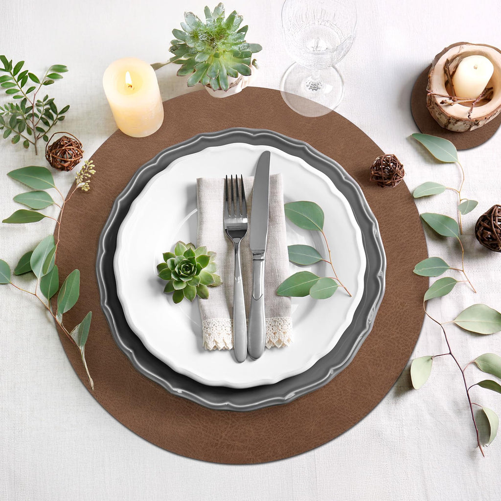 Faux Leather Round Placemats with Coasters Set of 6, 13x13 Inch Non-Slip Heat Resistant Dual-Sided Brown Place Mats