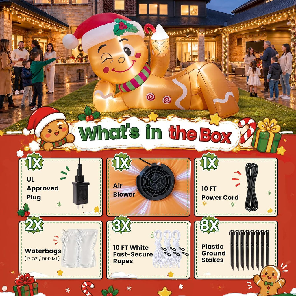 10FT Christmas Inflatable Funny Lying Gingerbread Man for Roof & Yard Decor