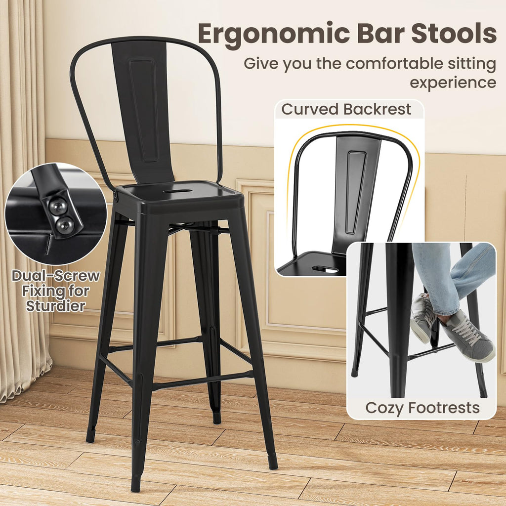 30 Inch Stackable Metal Bar Stools Set of 4 with High Backs, Black