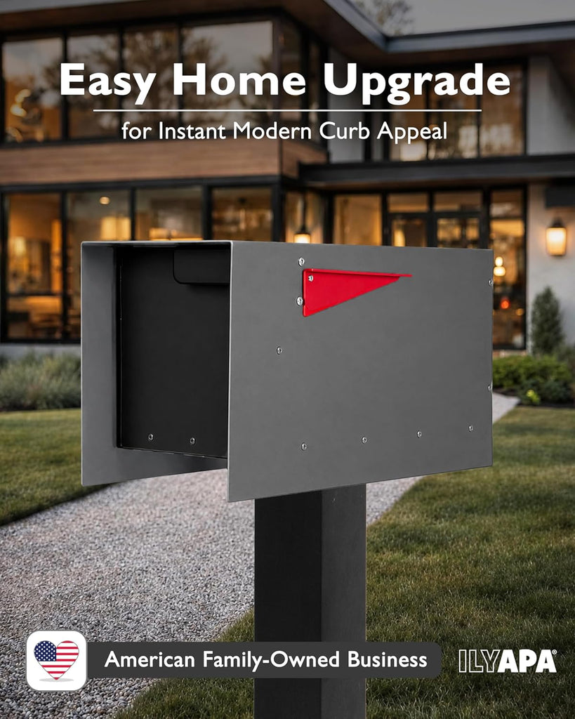 Modern Mailbox Post Mount - 21x8x10 Gray with Black Door Powder Coated Steel, Waterproof Letter Box for Parcels