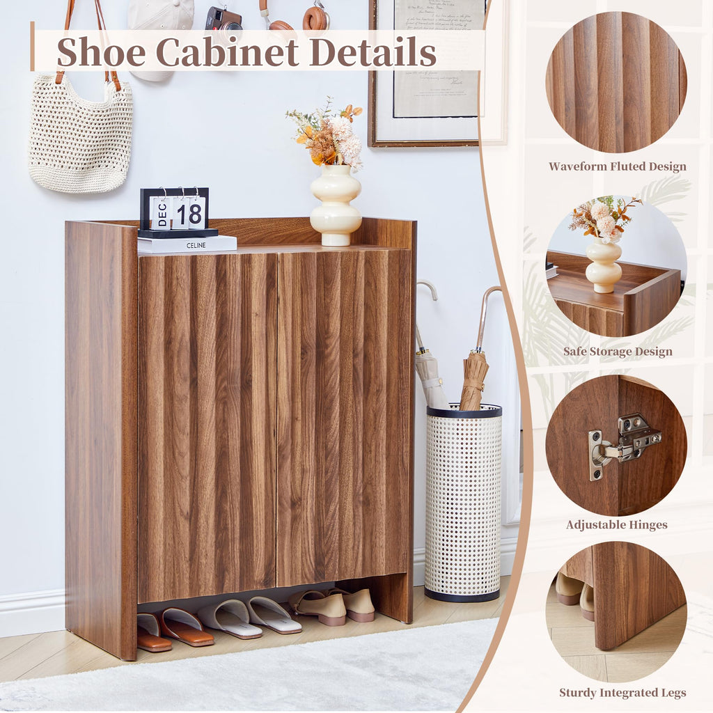 5-Tier Fluted Shoe Cabinet with Doors, Walnut