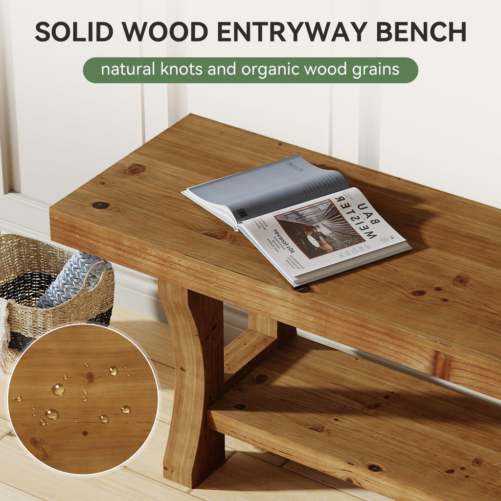Solid Wood Entryway Bench, 55" End of Bed Bench, Long Indoor Dining Seat, Easy Assembly, Brown