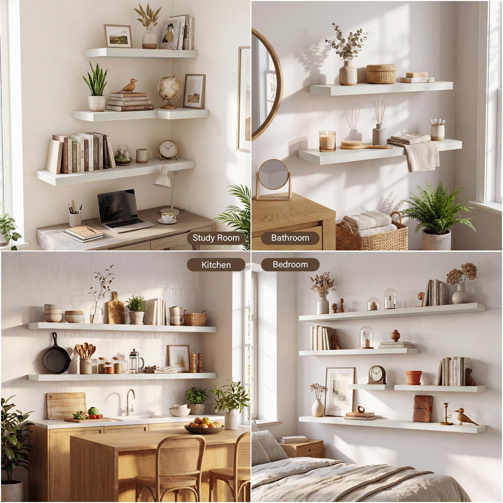 48in Long Floating Shelves for Wall Set of 2, Wood Wall Shelves Bedroom Kitchen Living Room Laundry Room, Modern
