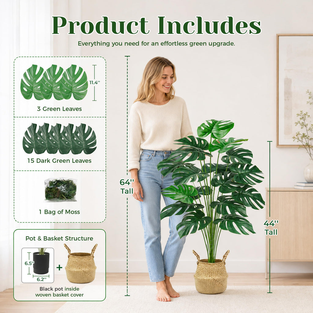 44" Realistic Artificial Monstera Plant with EVA Leaves and Basket