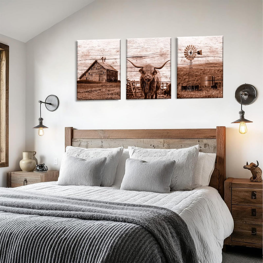 3pcs Farmhouse Highland Cow Wall Art Vintage Highland Cow Wall Art Barn Farmhouse Windmill Canvas Pictures Bedroom