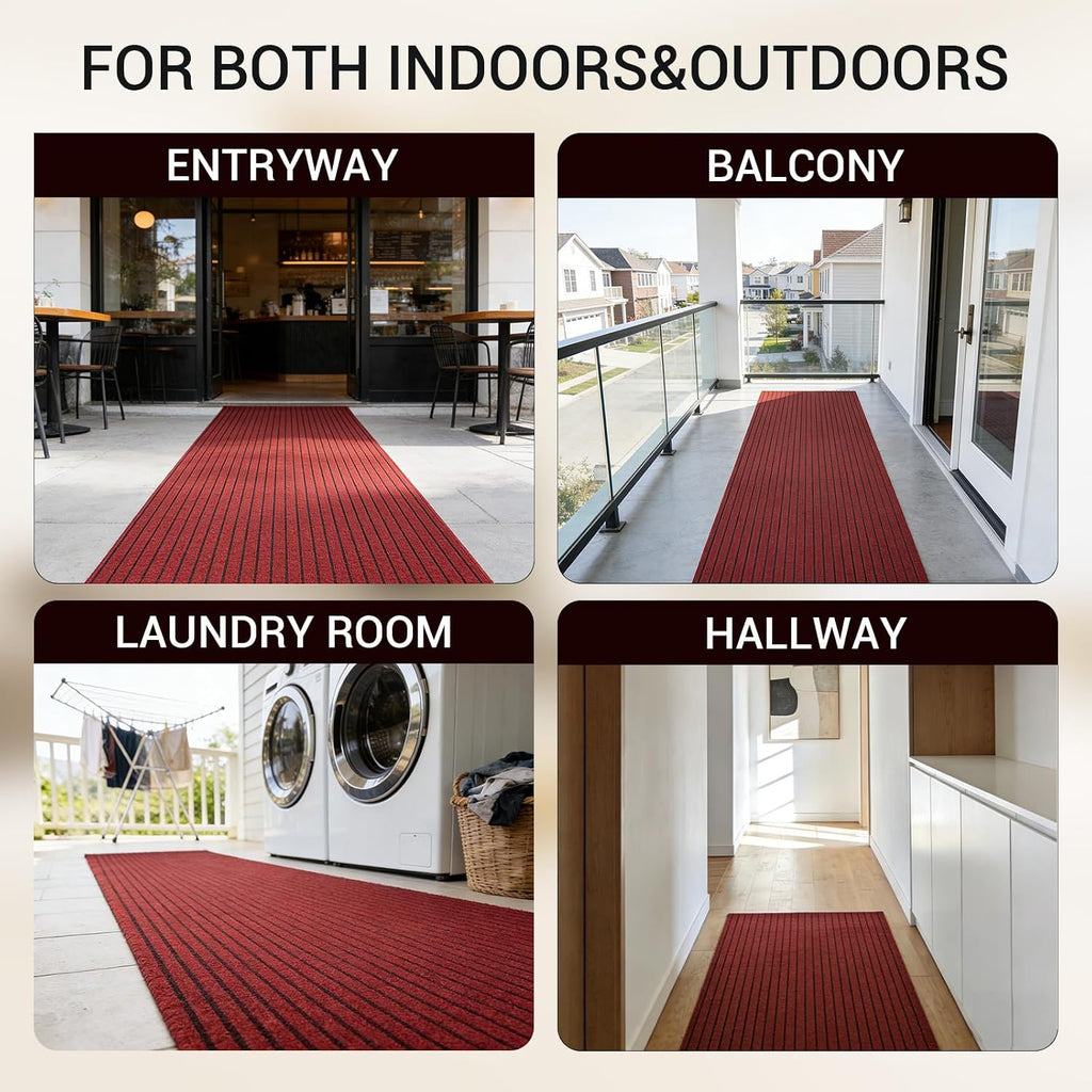 Stripe Runner Rug 2 x 6 ft Indoor Outdoor, Burgundy Non Slip Rubber Backing, Waterproof Low Profile Area Runner